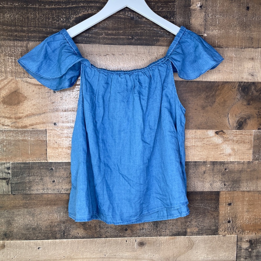Madewell Off Shoulder Blue Ruffle Sleeve Casual Chambray Blouse Woman's Medium - Picture 4 of 5